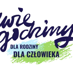 Napis "dwie godziny dla rodziny" i "dla człowieka" w stylu kaligrafii.