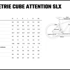 Cube Attention SLX geometrie tabel met maten XS t/m XXL. Afmetingen zoals zitbuis, balhoofdbuis en wielbasis.
