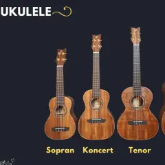 Cztery ukulele: sopranowe, koncertowe, tenor i baryton, prezentujące różnice w rozmiarze.