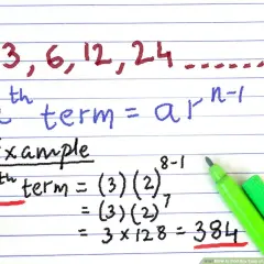 Przykład obliczania wyrazu ciągu geometrycznego: 3, 6, 12, 24... Wzór na n-ty wyraz: a*r^(n-1). Obliczono 8. wyraz: 384.