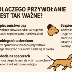 Jak nauczyć psa przywołania? Grafika pokazuje, dlaczego przywołanie jest kluczowe: bezpieczeństwo psa, zapobieganie ucieczkom, swoboda na spacerach i bezpieczne kontakty z innymi.