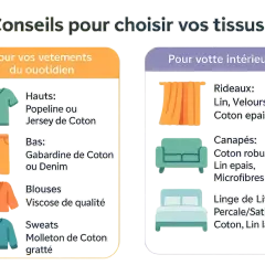 Conseils pour choisir vos tissus : vêtements du quotidien (coton, denim) et décoration intérieure (lin, coton épais). Chaque fibre naturelle a son usage.