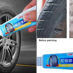 Un tubo de pegamento para arreglar pinchazo coche se aplica a un neumático dañado. Muestra el antes y el después de la reparación.