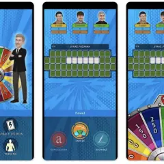 Trzy ekrany aplikacji mobilnej "Koło Fortuny" z kołem, planszą gry i graczami.