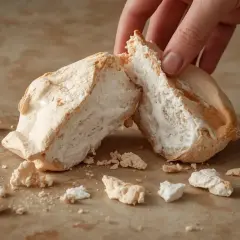 Une main casse une meringue aérienne, parfaite pour une recette meringue. Des miettes tombent sur le plan de travail.