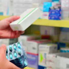 Farmaceuta trzyma opakowanie leku i kilka blistrów kapsułek. Pokazuje, ile ważna jest recepta i prawidłowe dawkowanie.