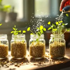 Fyra glasburkar med spirande groddar som vattnas. En hand häller vatten över de små plantorna, en perfekt start för att odla groddar hemma.