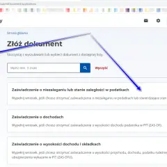 Wybierz opcję "Zaświadczenie o niezaleganiu lub stanie zaległości w podatkach" na stronie e-Urzędu Skarbowego, aby złożyć wniosek.