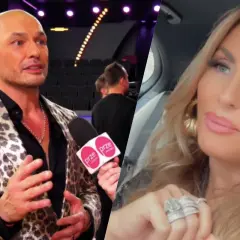 Tomasz z żoną, w panterkowej marynarce, udziela wywiadu. Obok jego żona, z biżuterią.