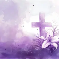 Fioletowy krzyż i lilia na tle akwarelowych chmur. Jak w psalmie 86, nadzieja rozkwita.