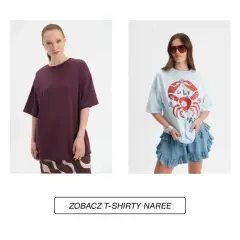 Kolekcja luźnych t-shirtów damskich XXL: czerwony, bordowy, błękitny z krabem i biały z makami.