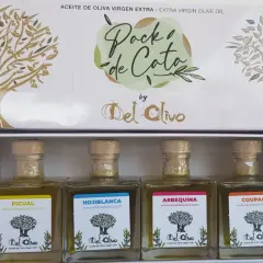 Pack de cata de aceite oliva virgen extra de Del Olivo, con cuatro variedades: Picual, Hojiblanca, Arbequina y Coupage.