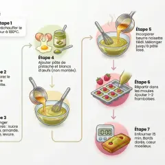 Infographie illustrant les étapes d'une recette de financier : préchauffage du four, préparation du beurre noisette, mélange des poudres, ajout de la pâte de pistache, incorporation du beurre, remplissage des moules avec des framboises, et cuisson.