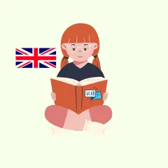 Niña con bandera británica lee un libro sobre verbos regulares.