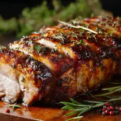 Un délicieux roti de porc, laqué et parsemé d'herbes, est tranché sur une planche en bois, prêt à être dégusté.