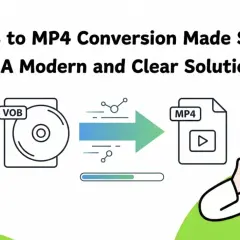 VOB to MP4 conversion made simple. This image shows a VOB file (like from a DVD) transforming into an MP4 file, with a happy person giving a thumbs up.