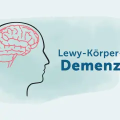 Profil eines Kopfes mit Gehirn. Text: Lewy-Körper-Demenz. Erfahrungsberichte gesucht.