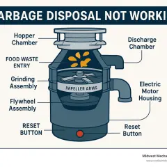 Diagram showing garbage disposal parts: hopper, grinding assembly, and reset button. Learn how to fix garbage disposal issues with this visual guide.