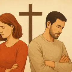 Para zamyślona, odwrócona od siebie, z krzyżem w tle. Czy rozwód to grzech?