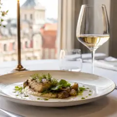 Eleganckie danie rybne z ziołami i ziemniaczkami, serwowane w restauracji z gwiazdką Michelin w Polsce. Kieliszek białego wina i bukiet kwiatów dopełniają atmosferę.
