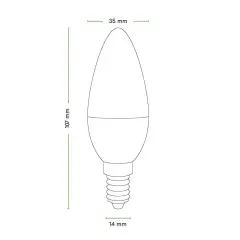 Schematyczna żarówka typu świeca z wymiarami: 107 mm wysokości, 35 mm szerokości, 14 mm gwint.