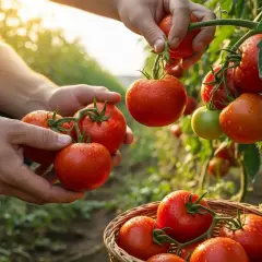 Mani raccolgono succosi pomodori maturi dal terreno argilloso. Un cesto di vimini attende il raccolto.