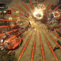 Intensywna walka w Path of Exile na PS4. Postać walczy z hordą wrogów, używając potężnych zaklęć i umiejętności.