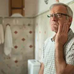 Starszy mężczyzna w okularach trzyma się za bolącą szczękę, szukając ratunku w antybiotyku na zęba.