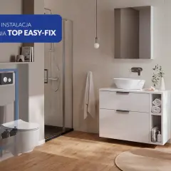 Nowoczesna łazienka z miską WC i ukrytym stelażem. Montaż miski WC z ukrytym mocowaniem TOP EASY-FIX to proste rozwiązanie.
