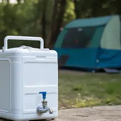 Weiße Wasserkanister mit Zapfhahn, ideal für Camping. BPA-frei, ohne Weichmacher, für sicheres Trinken.