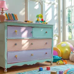 Commode 3 tiroirs relookée aux couleurs pastel, avec des jouets et une lampe sur le dessus.