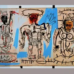 Three figures in the raw, expressive style of artists like Basquiat, rendered in black, red, and blue on a tan background.