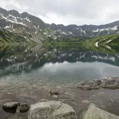 Dolina 5 Stawów, trasa czas na spacer. Jezioro odbija góry, na brzegu kamienie i kaczka.
