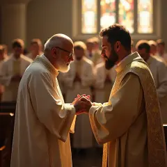 Dwóch duchownych, starszy i młodszy diakon, trzyma się za ręce w kościele.