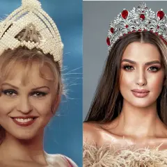 Dwie Miss Polski w koronach. Jedna z lat 90. z blond włosami i perłową tiarą, druga współczesna z brązowymi włosami i czerwoną tiarą.