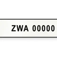 Tablica rejestracyjna z symbolem Unii Europejskiej i oznaczeniem PL. Numer rejestracyjny to ZWA 00000.