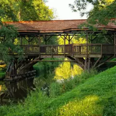 Drewniany mostek nad rzeką w parku pałacowym w Białowieży. Otoczony zielenią, z odbijającymi się w wodzie drzewami.