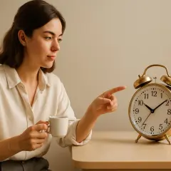 Donna con tazza di caffè indica una sveglia, pensando ai caffeina effetti sul cervello.
