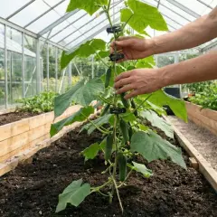 Händer som hjälper till att binda upp gurka i ett växthus. Gurkplantan växer sig stark och bär frukt.