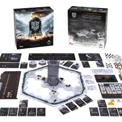 Zestaw do gry planszowej Frostpunk: Miasto musi przetrwać. Na stole rozłożona plansza, karty, żetony i wieża generatora.
