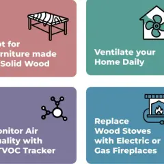 Tips to reduce off-gassing: Use natural cleaners, solid wood furniture, ventilate, air out new items, use air purifiers, monitor air quality, and choose certified materials.