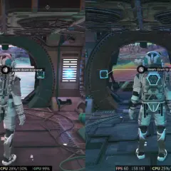 Comparaison des performances graphiques dans No Man's Sky. Le joueur se tient prêt à descendre sur une planète.