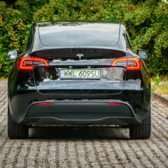 Czarna Tesla z napędem dual motor, z tablicą rejestracyjną WWL 6095U, zaparkowana na kostce brukowej wśród zieleni.