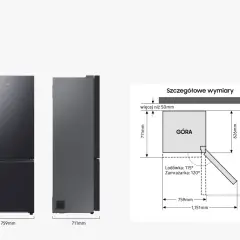 Wymiary lodówki wolnostojącej: wysokość 2030mm, szerokość 759mm, głębokość 711mm. Schemat pokazuje szczegółowe wymiary otwierania drzwi.