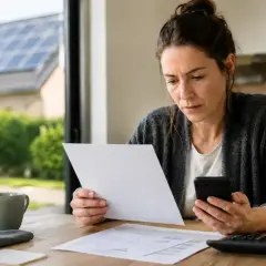 Kobieta analizuje rachunki, patrząc na telefon. W tle widać dom z panelami fotowoltaicznymi, co sugeruje troskę o rachunki za energię, być może związane z **inogy**.