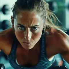 Skupiona kobieta podczas treningu crossfit. Zastanawia się, jakie suplementy wybrać, by osiągnąć jeszcze lepsze wyniki.