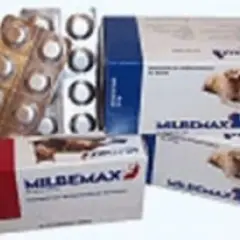 Boîtes de Milpro chien et plaquettes de comprimés.