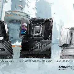 Drei MSI-Mainboards (X870E, B650, B650M) für AMD Ryzen Prozessoren, bereit für die AMD EXPO.