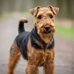 Ein aufmerksamer Welsh Terrier steht auf einem Weg im Wald.