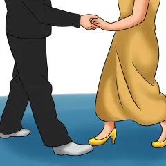 Coppia che balla bachata, lui in abito scuro, lei in vestito giallo. I loro piedi si muovono con grazia sul pavimento blu.